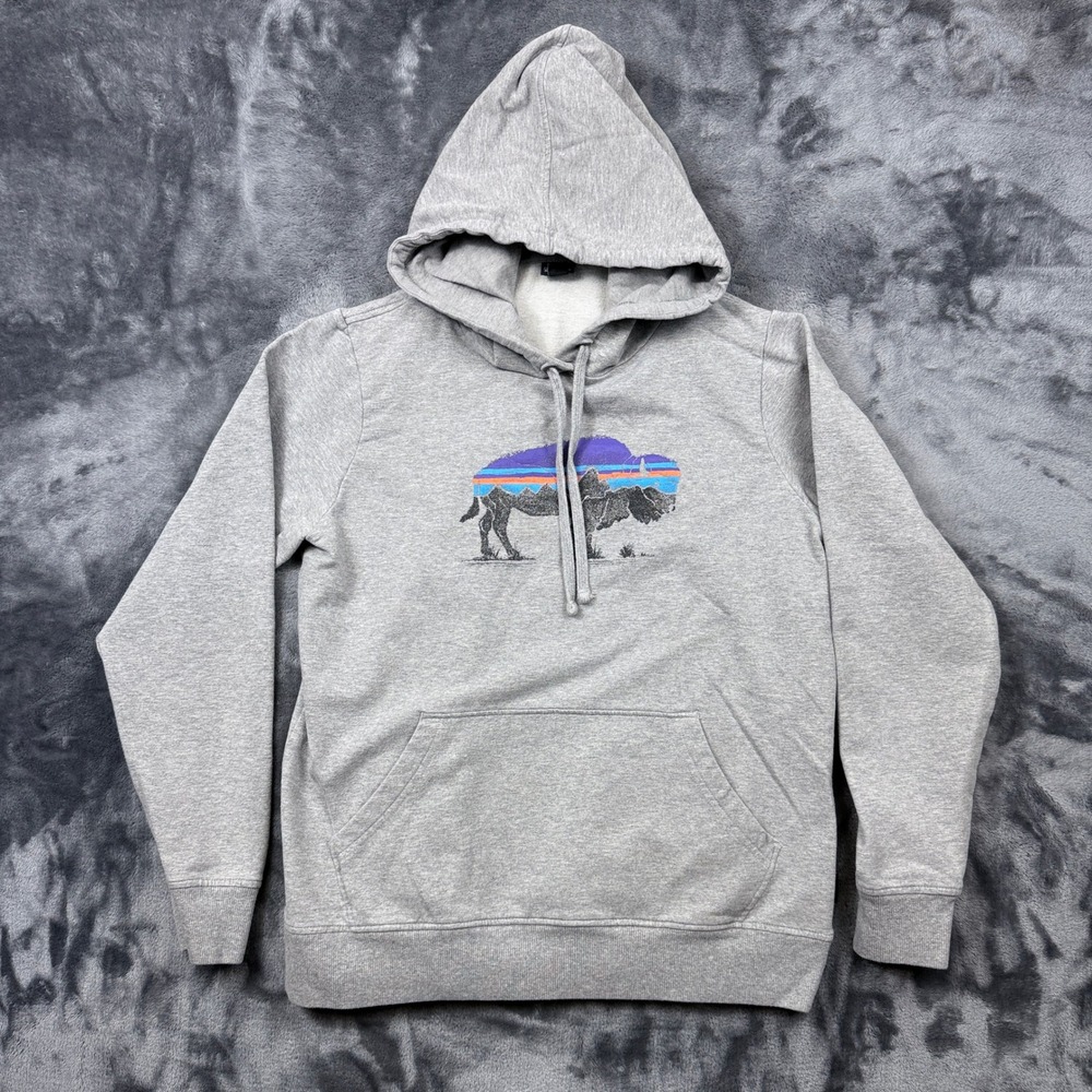Patagonia Hoodie Mens M Gray Bison Fitz Roy Logo Organic Cotton Pullover 39502
